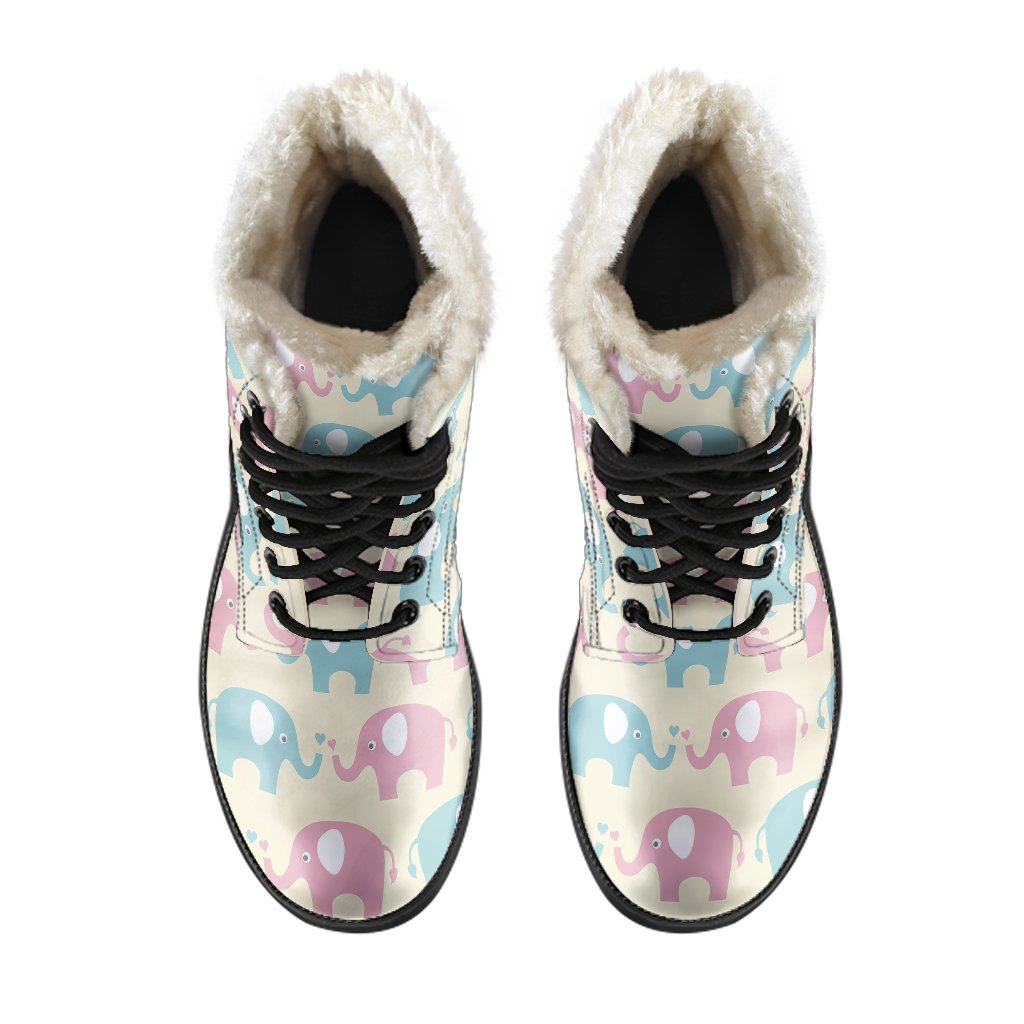 Elephant Baby Pastel Print Pattern Faux Fur Leather Boots-JTAMIGO.COM