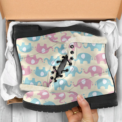 Elephant Baby Pastel Print Pattern Faux Fur Leather Boots-JTAMIGO.COM