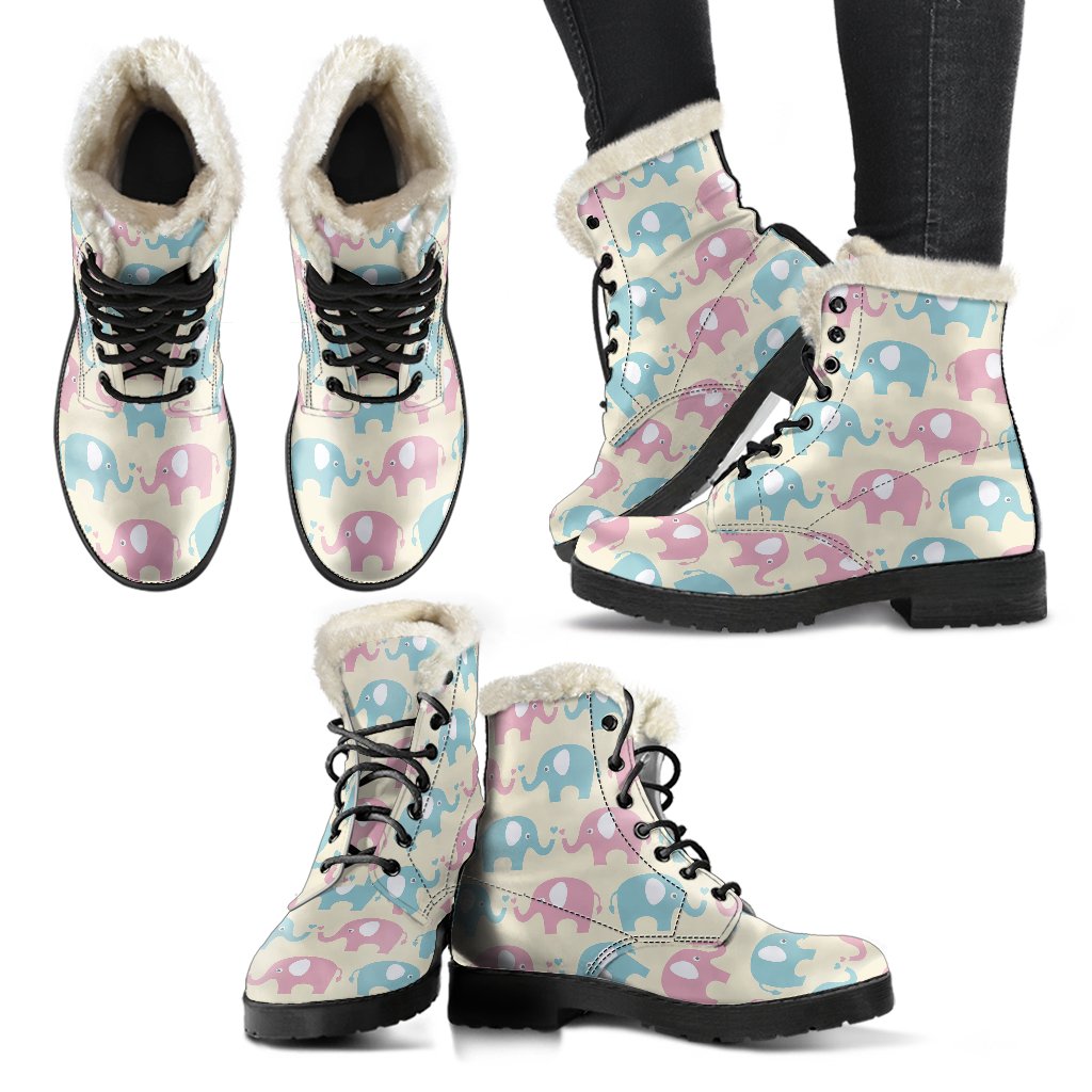 Elephant Baby Pastel Print Pattern Faux Fur Leather Boots-JTAMIGO.COM