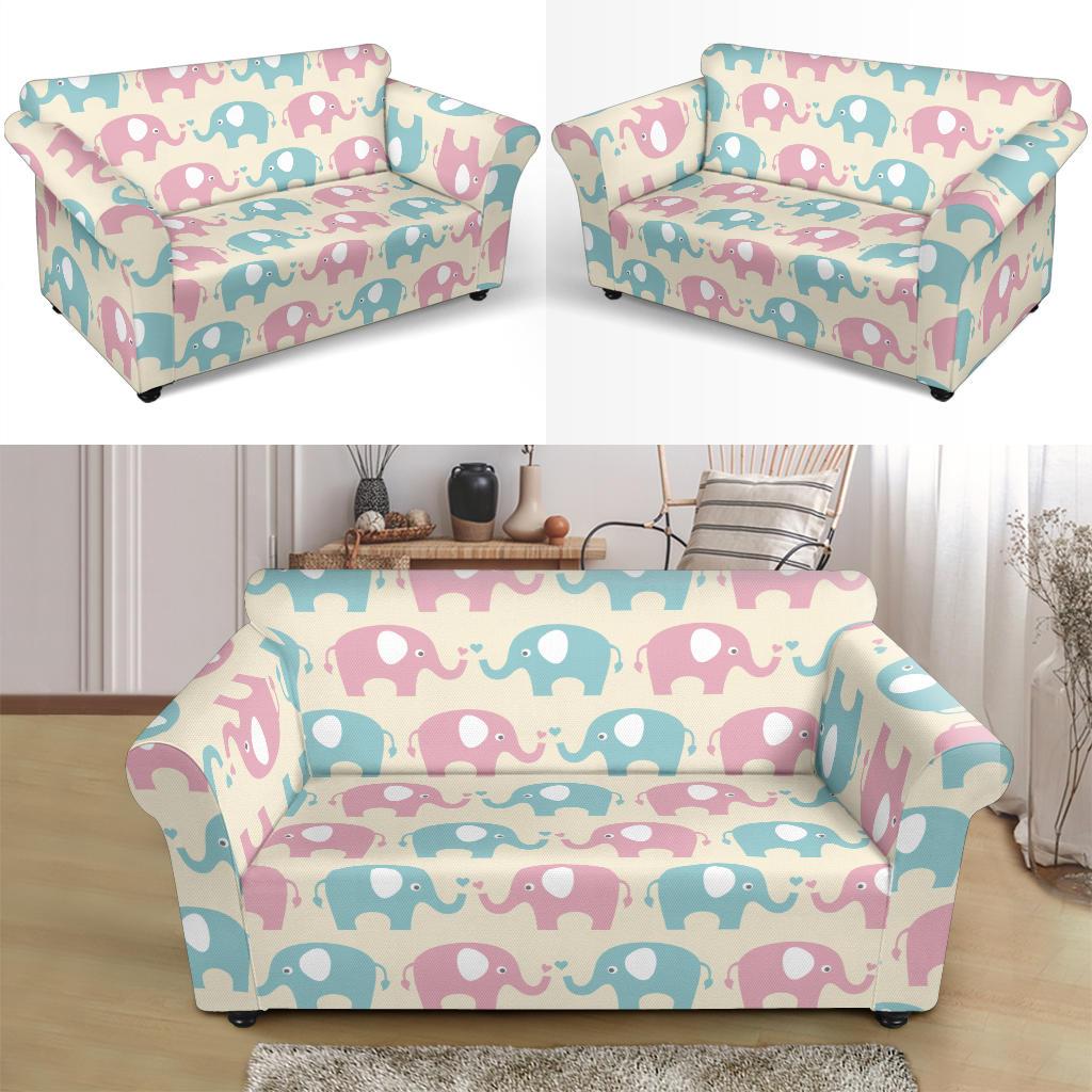 Elephant Baby Pastel Print Pattern Loveseat Slipcover-JTAMIGO.COM