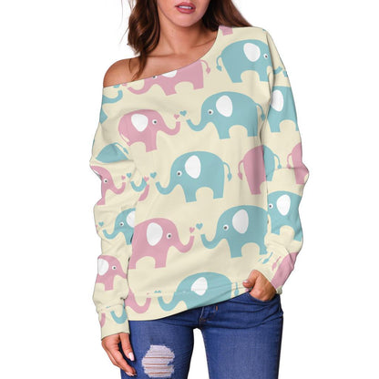 Elephant Baby Pastel Print Pattern Off Shoulder Sweatshirt