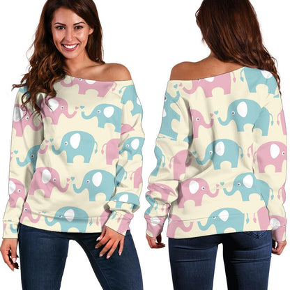 Elephant Baby Pastel Print Pattern Off Shoulder Sweatshirt