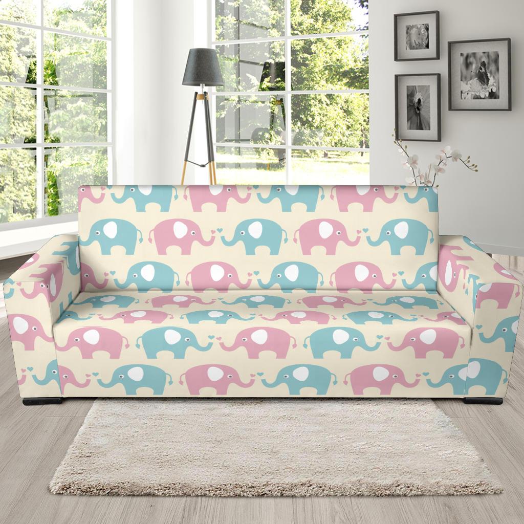 Elephant Baby Pastel Print Pattern Sofa Slipcover-JTAMIGO.COM