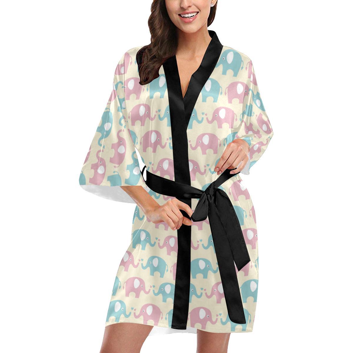 Elephant Baby Pastel Print Pattern Women Short Kimono Robe