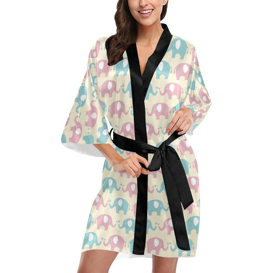 Elephant Baby Pastel Print Pattern Women Short Kimono Robe