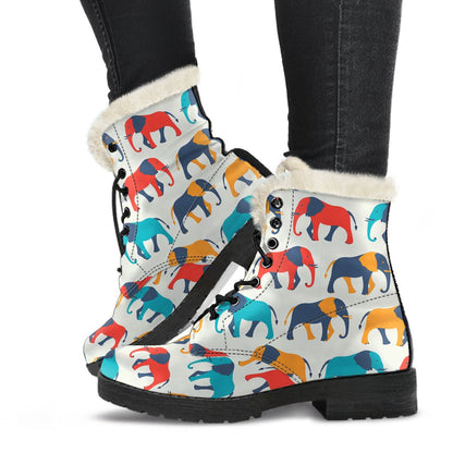 Elephant Colorful Print Pattern Faux Fur Leather Boots-JTAMIGO.COM