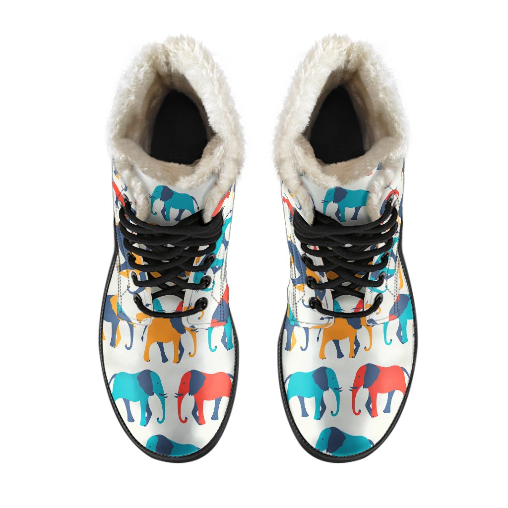 Elephant Colorful Print Pattern Faux Fur Leather Boots-JTAMIGO.COM