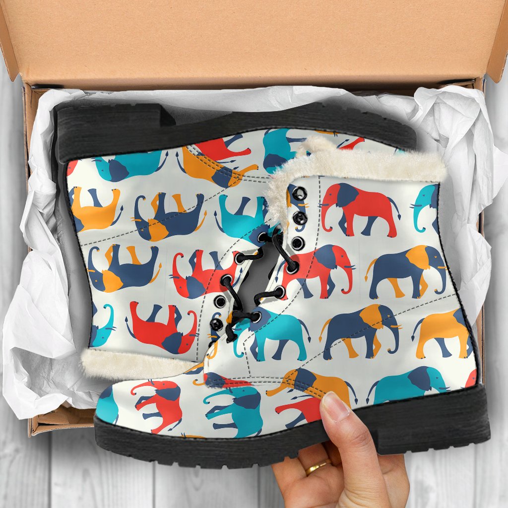 Elephant Colorful Print Pattern Faux Fur Leather Boots-JTAMIGO.COM