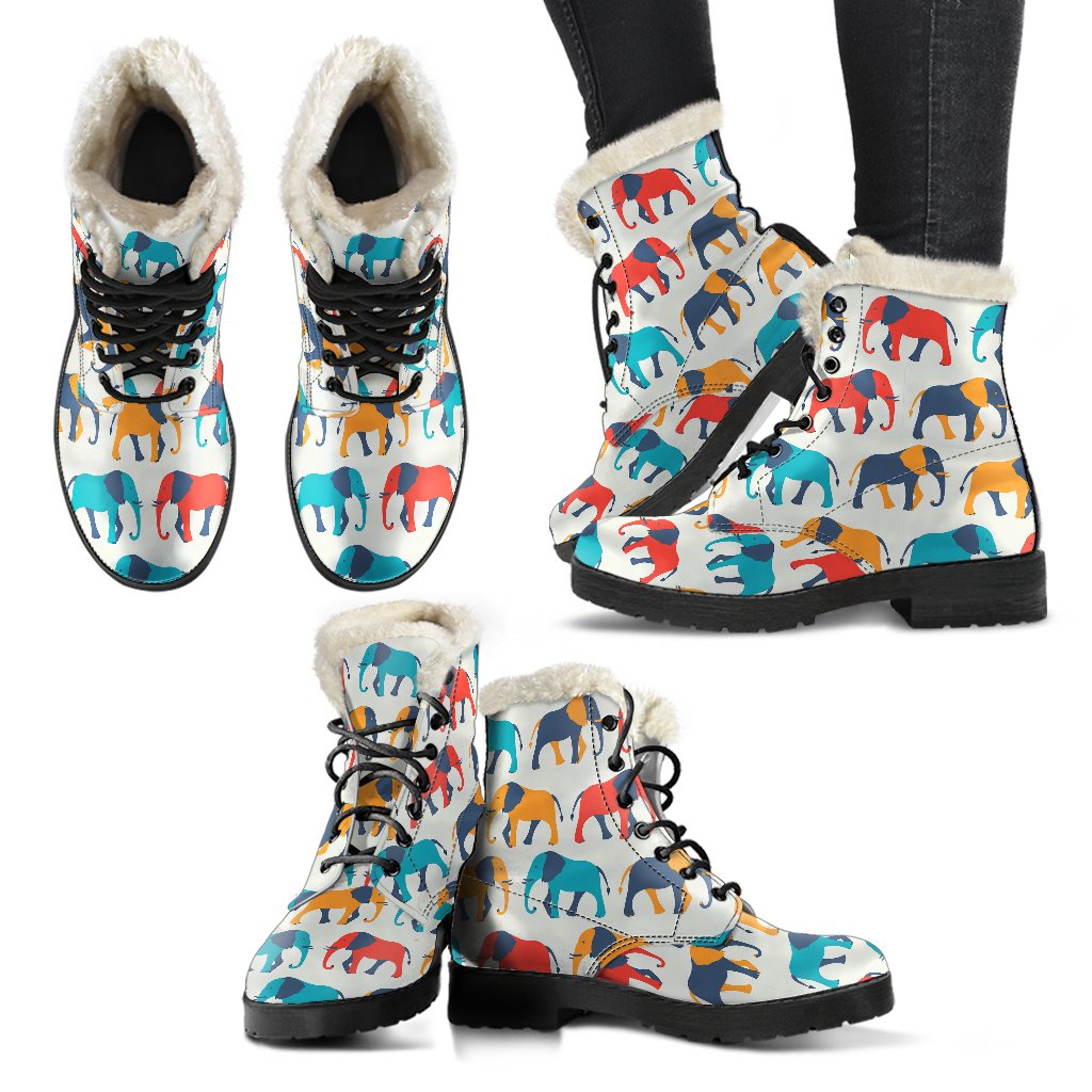 Elephant Colorful Print Pattern Faux Fur Leather Boots-JTAMIGO.COM