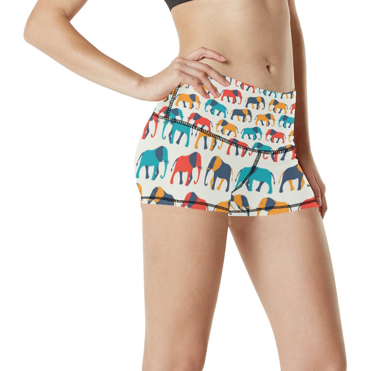 Elephant Colorful Print Pattern High Waisted Spandex Shorts-JTAMIGO.COM