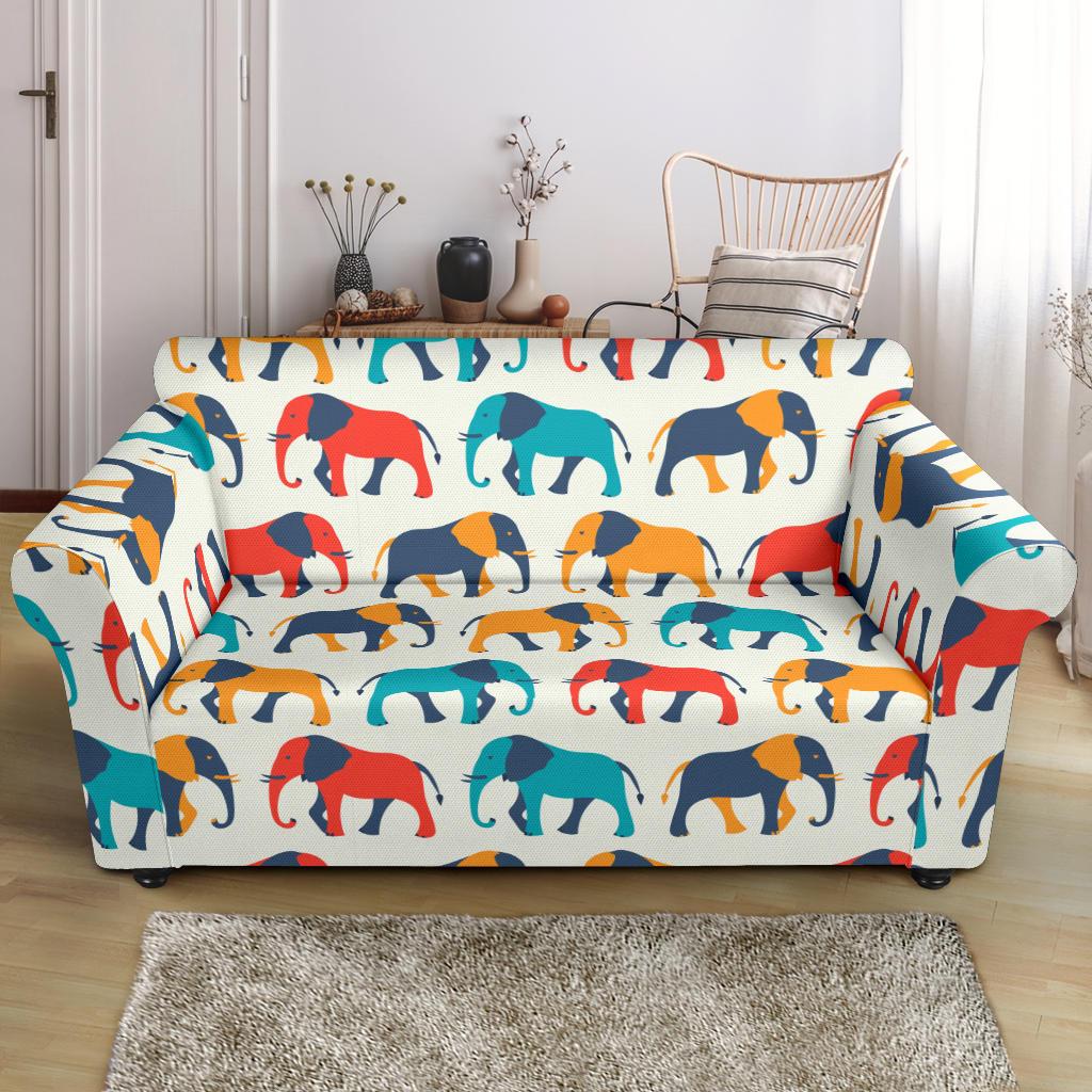 Elephant Colorful Print Pattern Loveseat Slipcover-JTAMIGO.COM