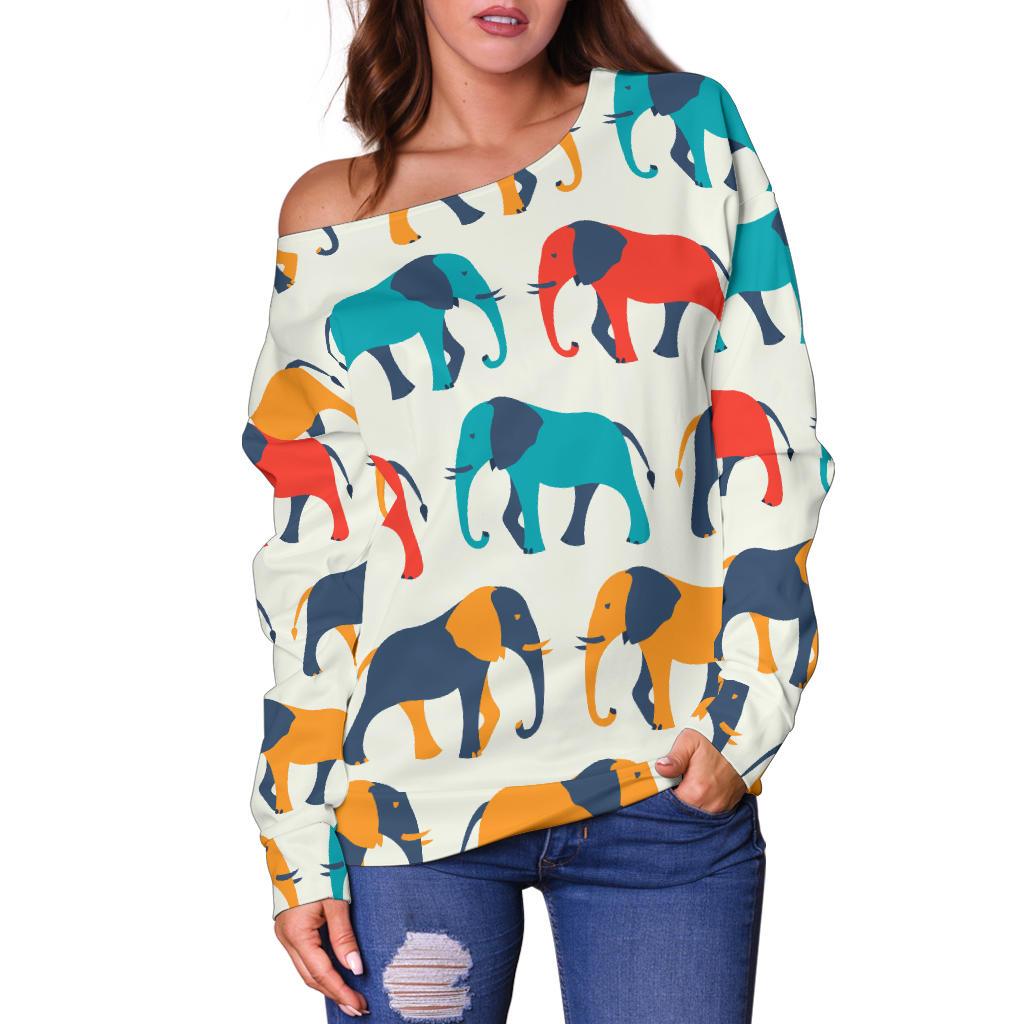 Elephant Colorful Print Pattern Off Shoulder Sweatshirt