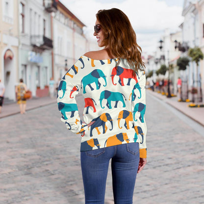 Elephant Colorful Print Pattern Off Shoulder Sweatshirt