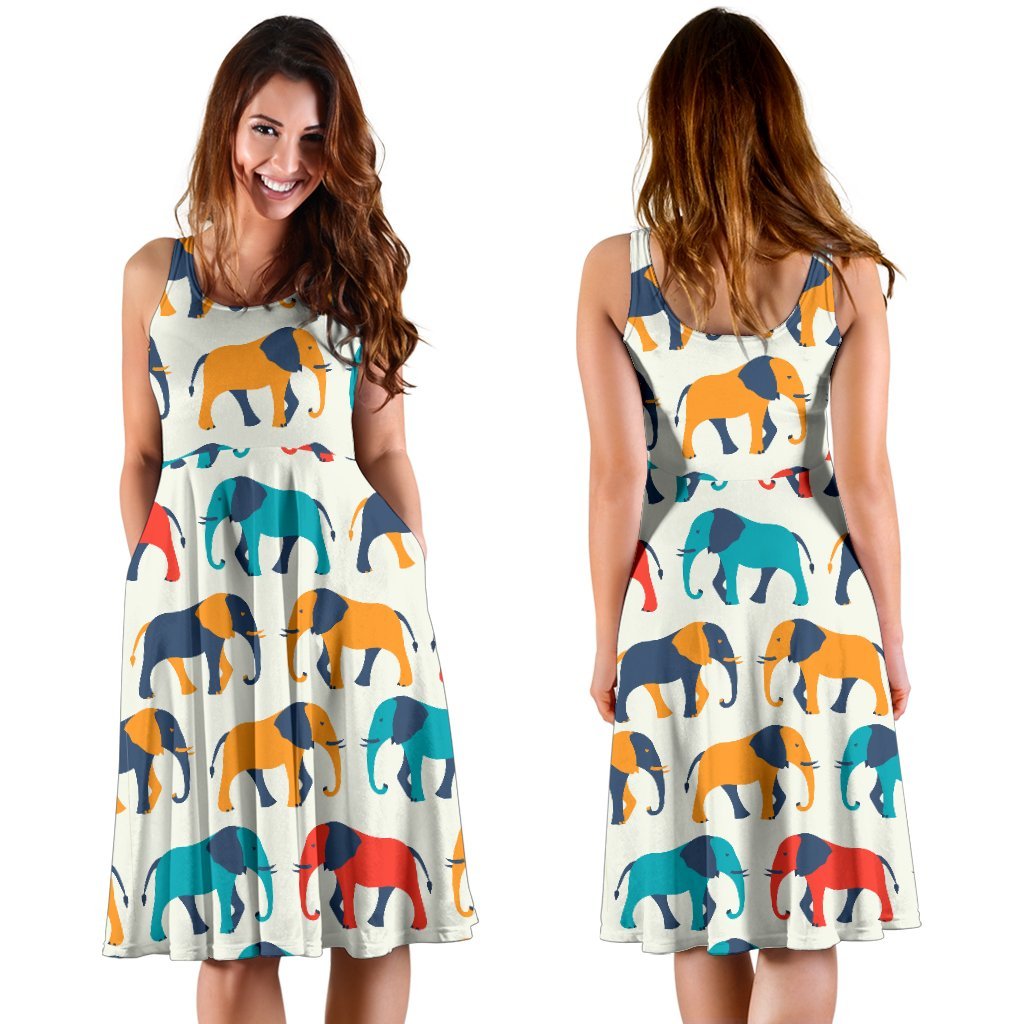 Elephant Colorful Print Pattern Sleeveless Dress