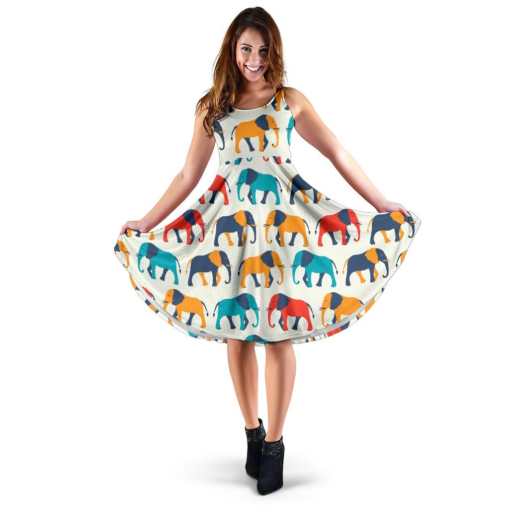 Elephant Colorful Print Pattern Sleeveless Dress