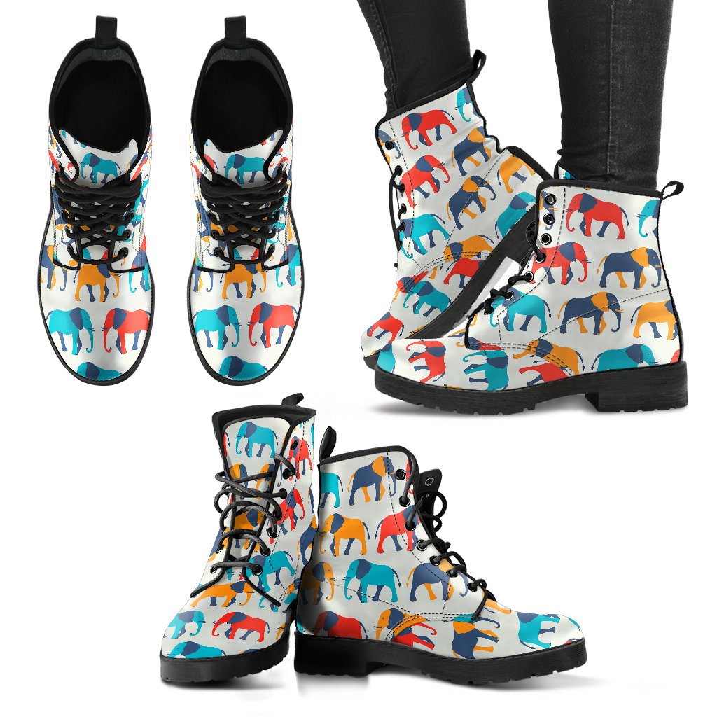 Elephant Colorful Print Pattern Women Leather Boots-JTAMIGO.COM