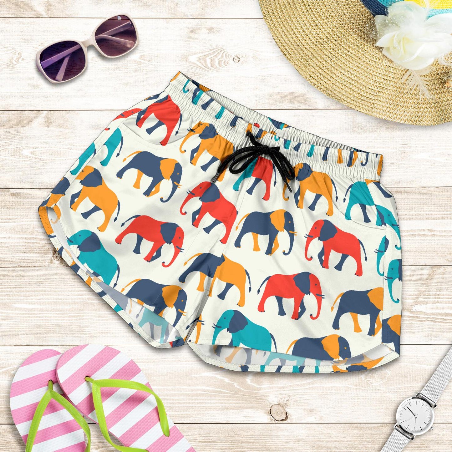 Elephant Colorful Print Pattern Women Shorts-JTAMIGO.COM