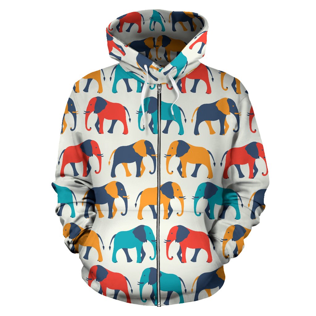 Elephant Colorful Print Pattern Zip Up Hoodie