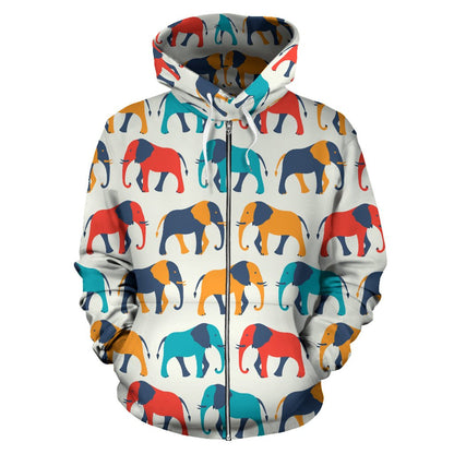Elephant Colorful Print Pattern Zip Up Hoodie