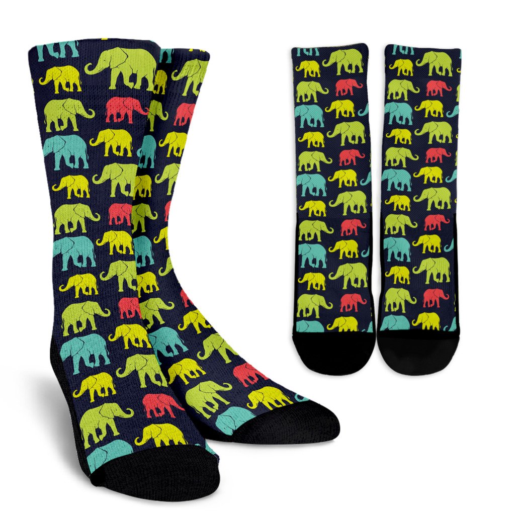 Elephant Neon Color Print Pattern Crew Socks