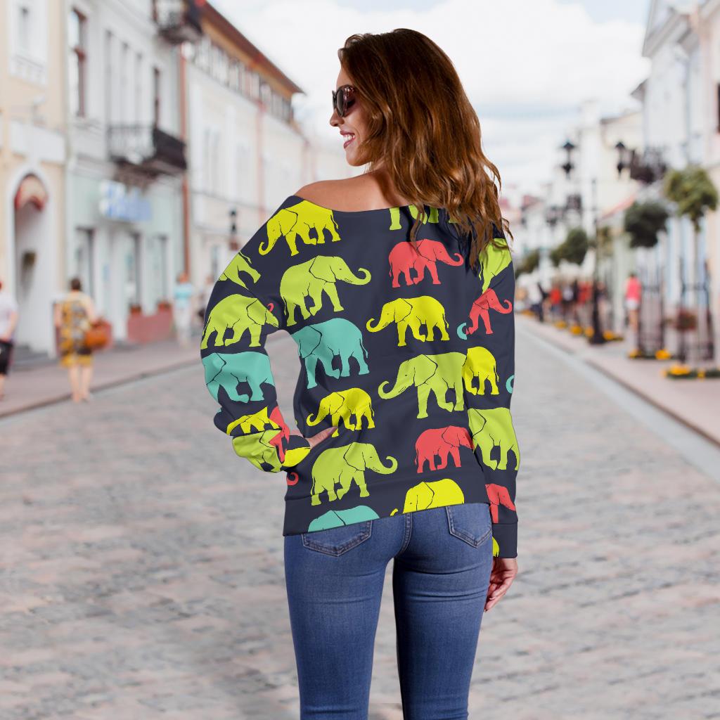 Elephant Neon Color Print Pattern Off Shoulder Sweatshirt