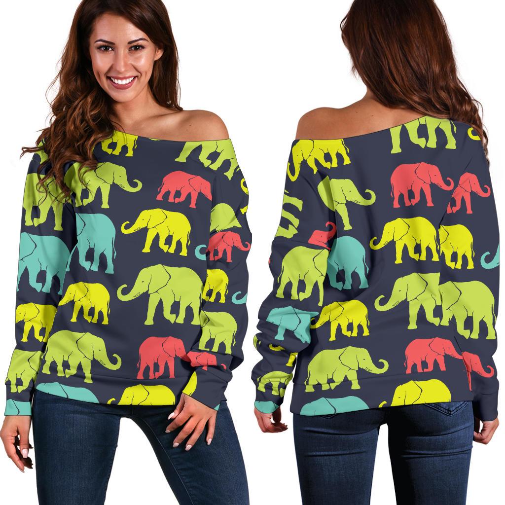 Elephant Neon Color Print Pattern Off Shoulder Sweatshirt