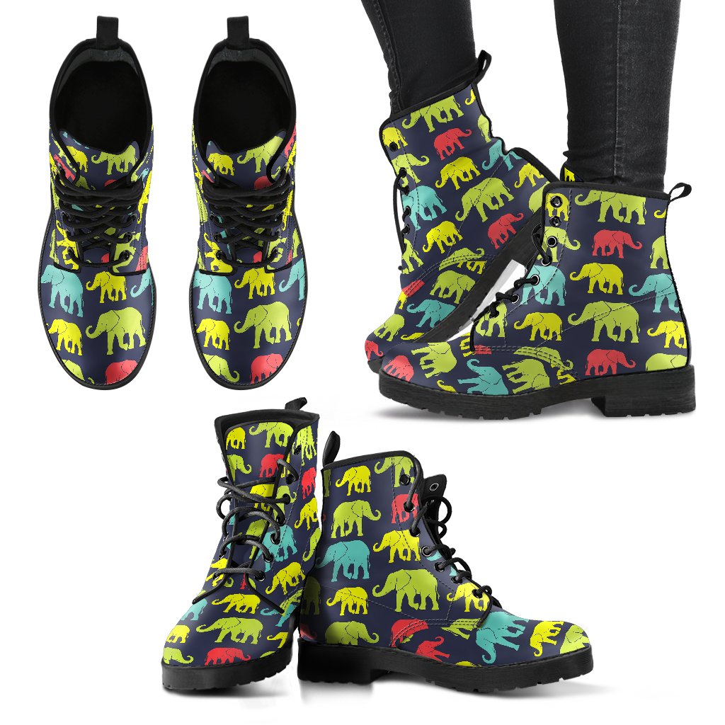 Elephant Neon Color Print Pattern Women Leather Boots-JTAMIGO.COM