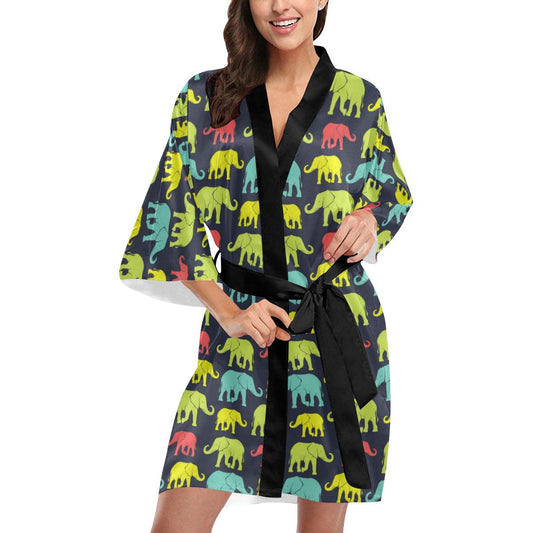 Elephant Neon Color Print Pattern Women Short Kimono Robe