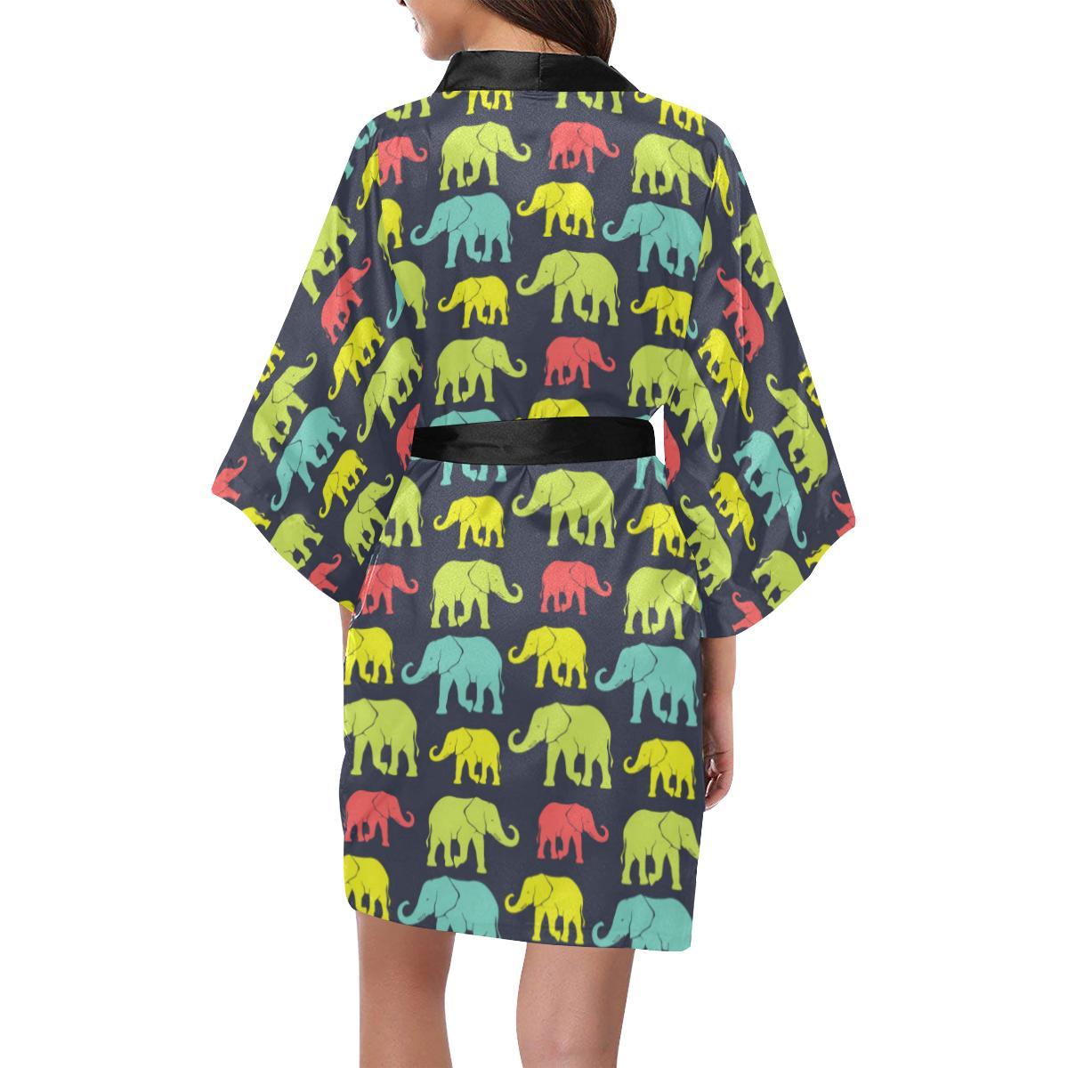 Elephant Neon Color Print Pattern Women Short Kimono Robe