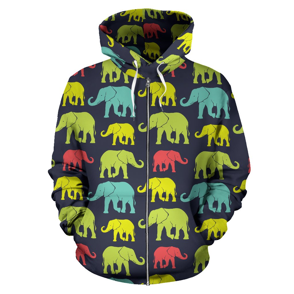 Elephant Neon Color Print Pattern Zip Up Hoodie