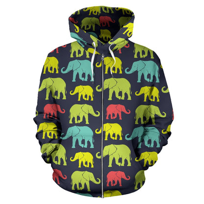 Elephant Neon Color Print Pattern Zip Up Hoodie