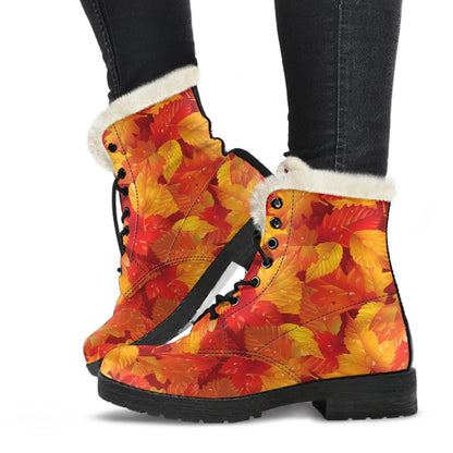 Elm Leave Autum Print Pattern Faux Fur Leather Boots-JTAMIGO.COM