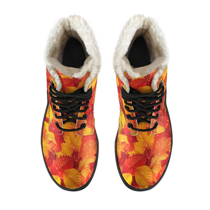 Elm Leave Autum Print Pattern Faux Fur Leather Boots-JTAMIGO.COM