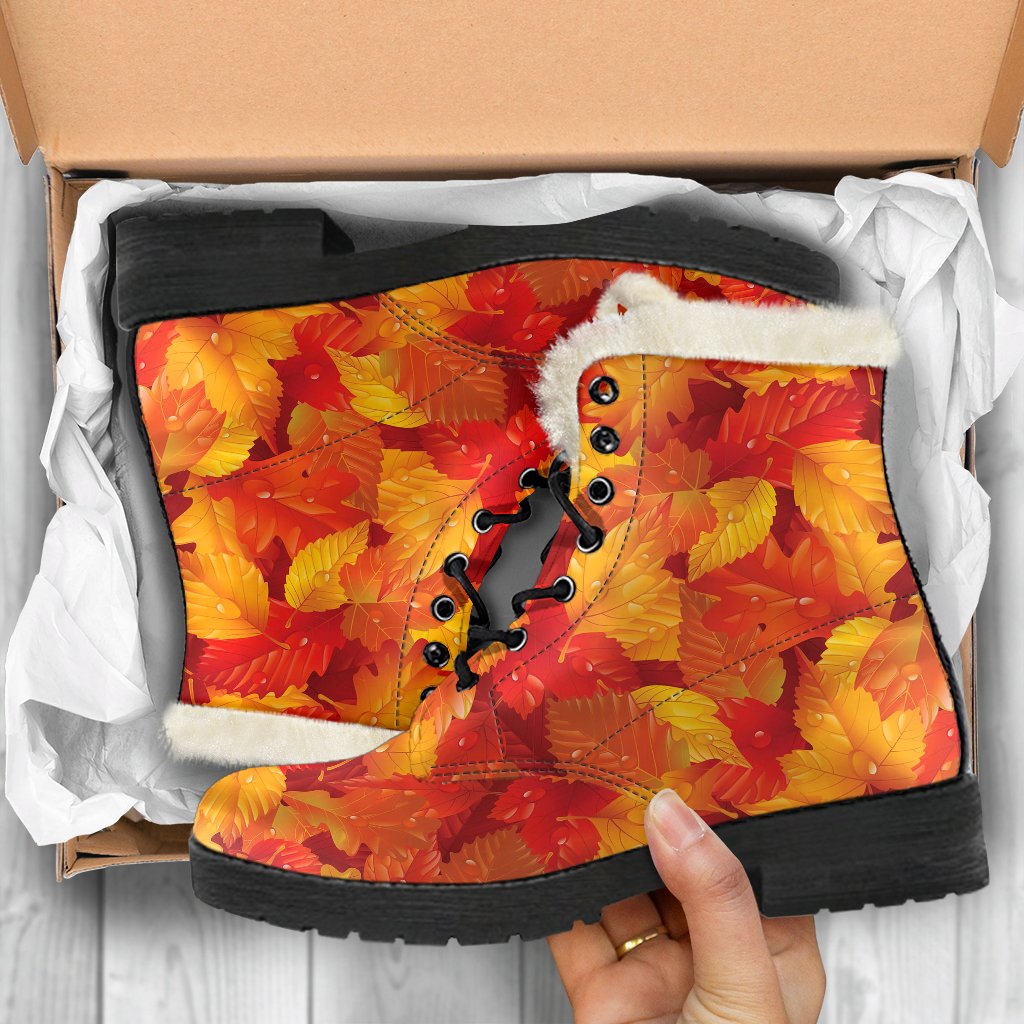 Elm Leave Autum Print Pattern Faux Fur Leather Boots-JTAMIGO.COM