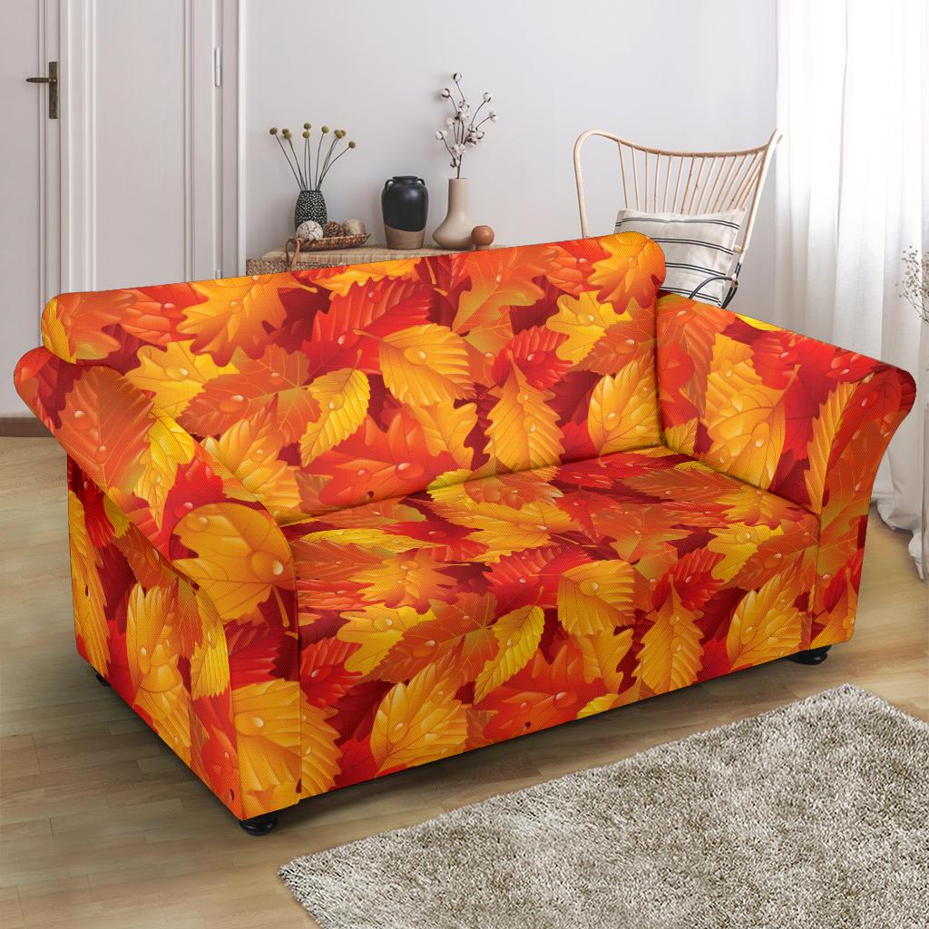 Elm Leave Autum Print Pattern Loveseat Slipcover-JTAMIGO.COM