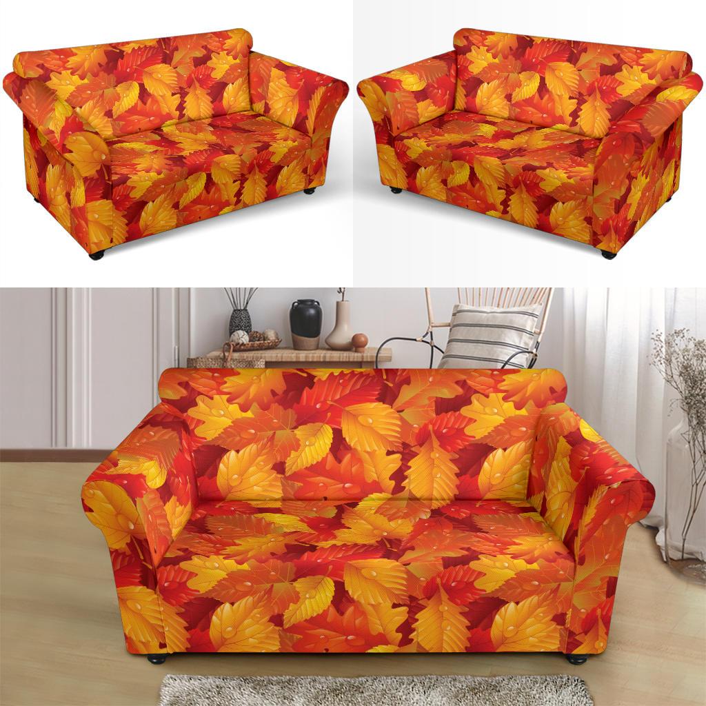 Elm Leave Autum Print Pattern Loveseat Slipcover-JTAMIGO.COM