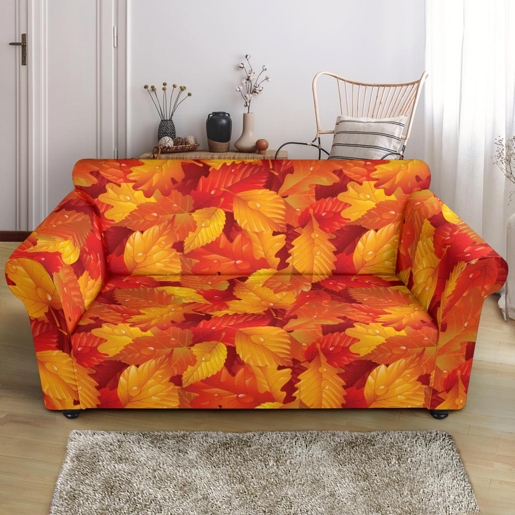 Elm Leave Autum Print Pattern Loveseat Slipcover-JTAMIGO.COM