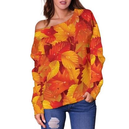 Elm Leave Autum Print Pattern Off Shoulder Sweatshirt