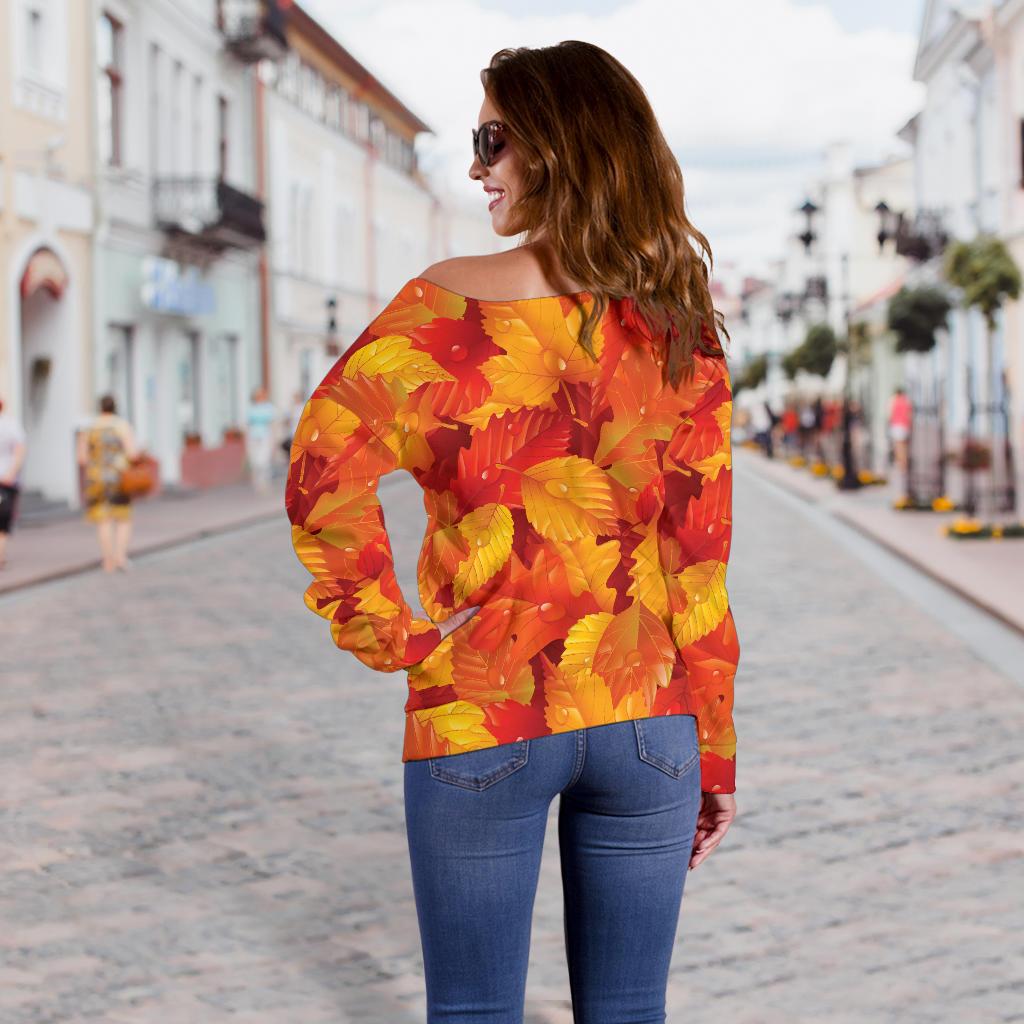 Elm Leave Autum Print Pattern Off Shoulder Sweatshirt