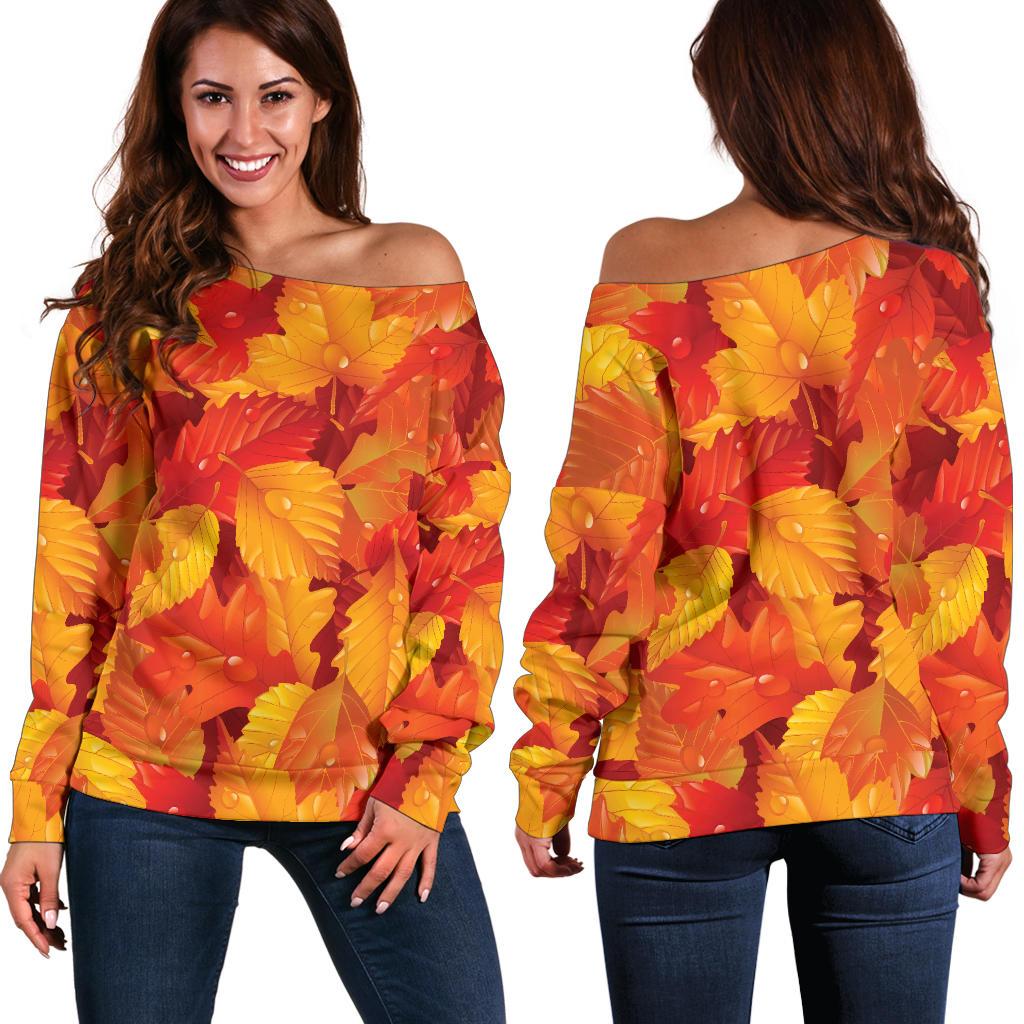 Elm Leave Autum Print Pattern Off Shoulder Sweatshirt