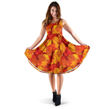 Elm Leave Autum Print Pattern Sleeveless Dress