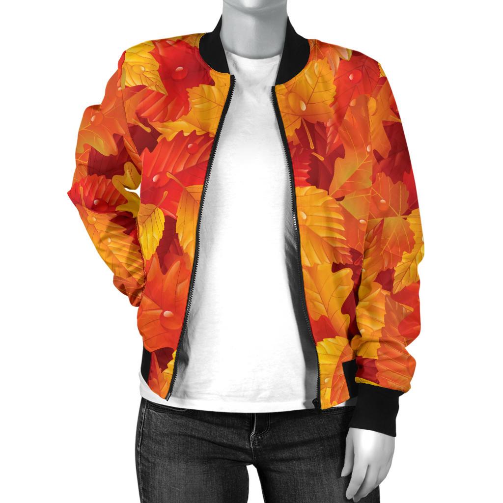 Elm Leave Autum Print Pattern Women Casual Bomber Jacket
