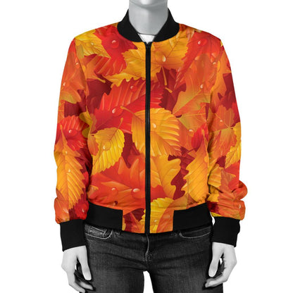 Elm Leave Autum Print Pattern Women Casual Bomber Jacket