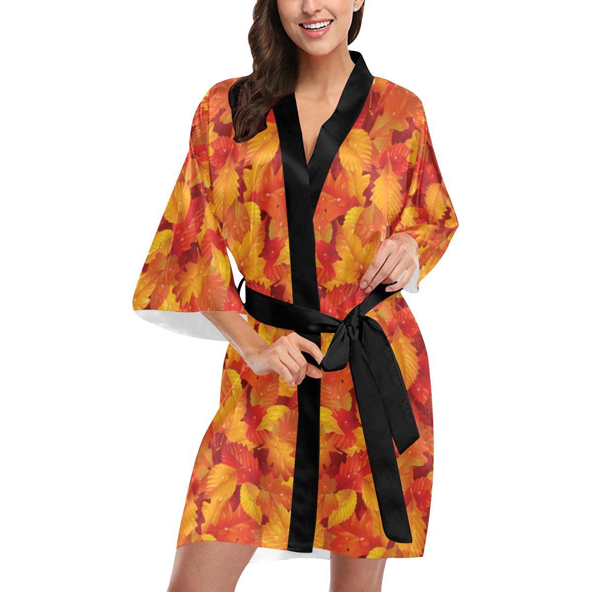 Elm Leave Autum Print Pattern Women Short Kimono Robe