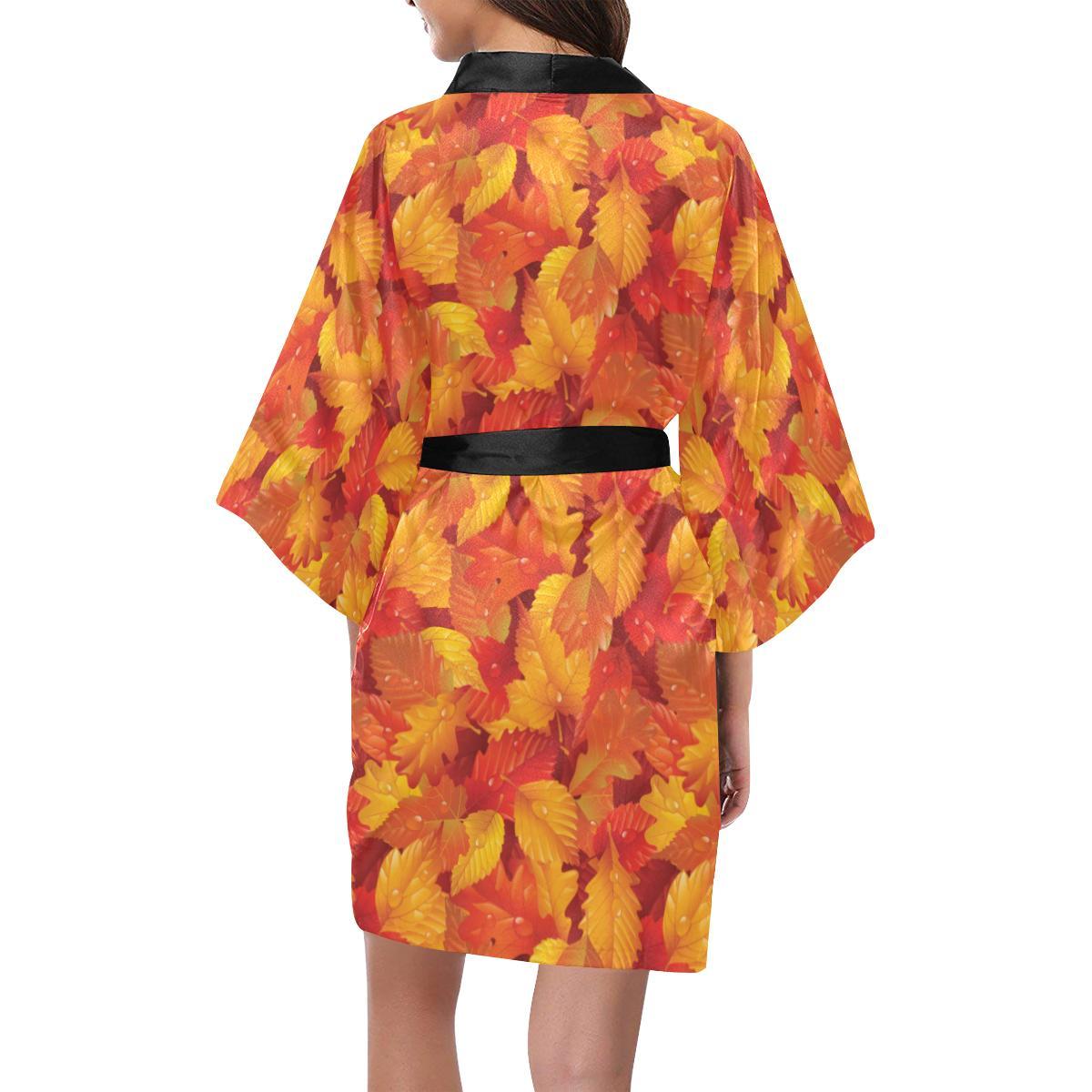 Elm Leave Autum Print Pattern Women Short Kimono Robe