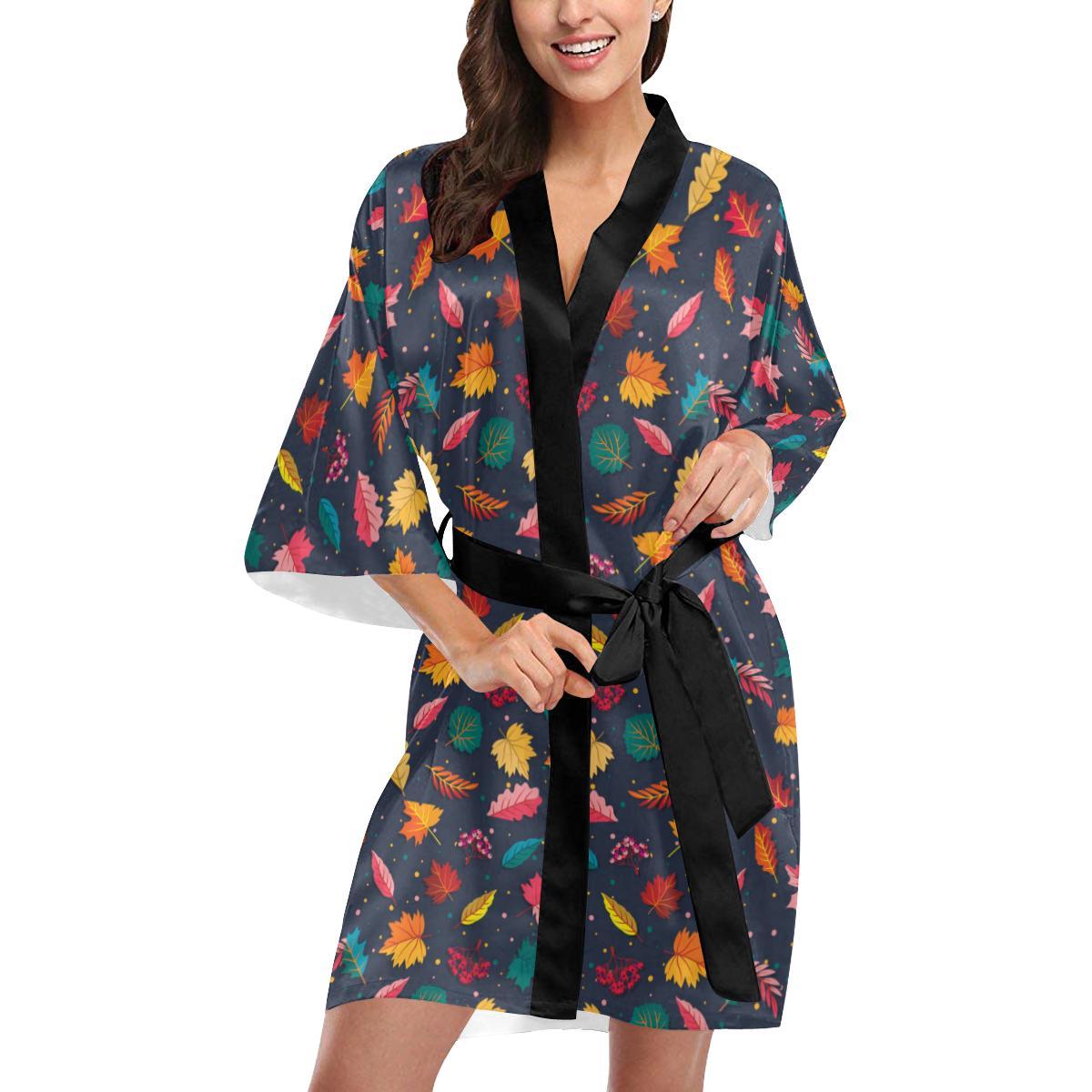 Elm Leave Colorful Print Pattern Women Short Kimono Robe