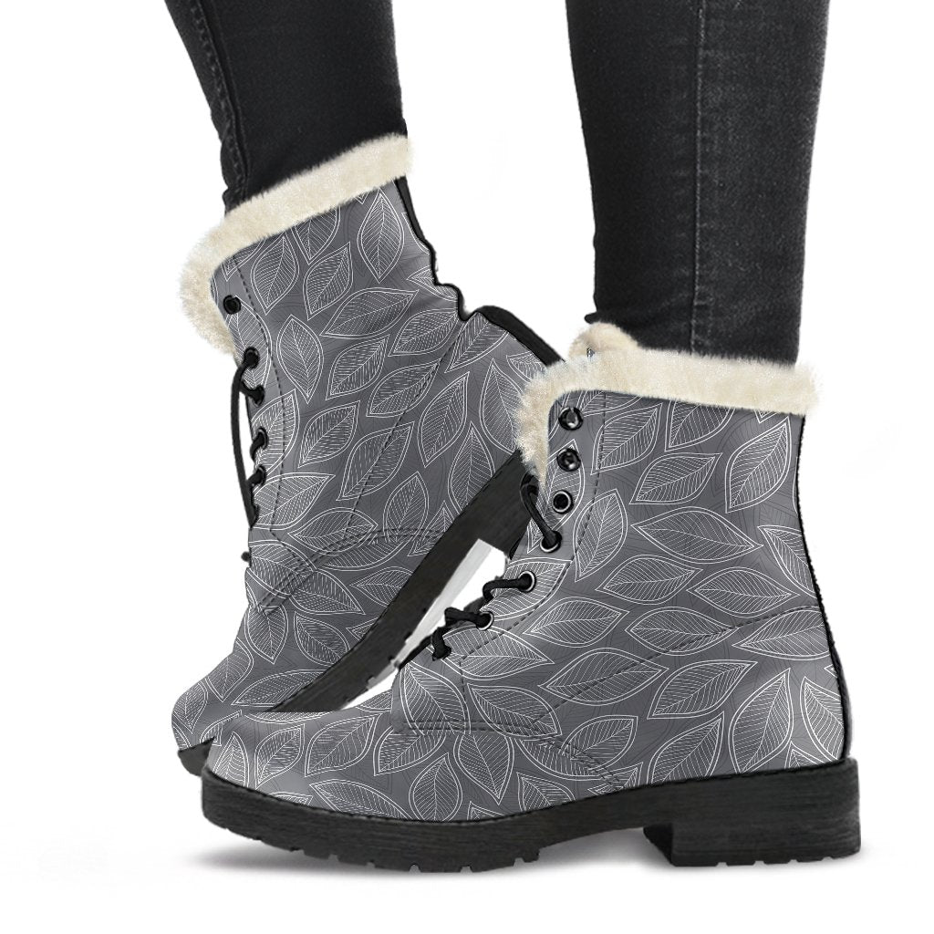 Elm Leave Grey Print Pattern Faux Fur Leather Boots-JTAMIGO.COM