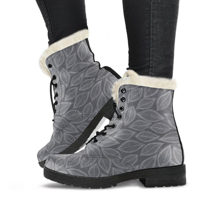Elm Leave Grey Print Pattern Faux Fur Leather Boots-JTAMIGO.COM