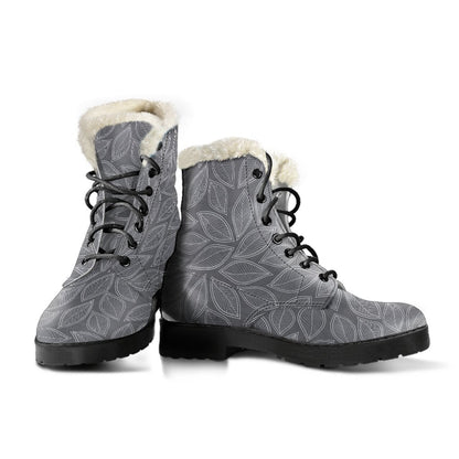 Elm Leave Grey Print Pattern Faux Fur Leather Boots-JTAMIGO.COM