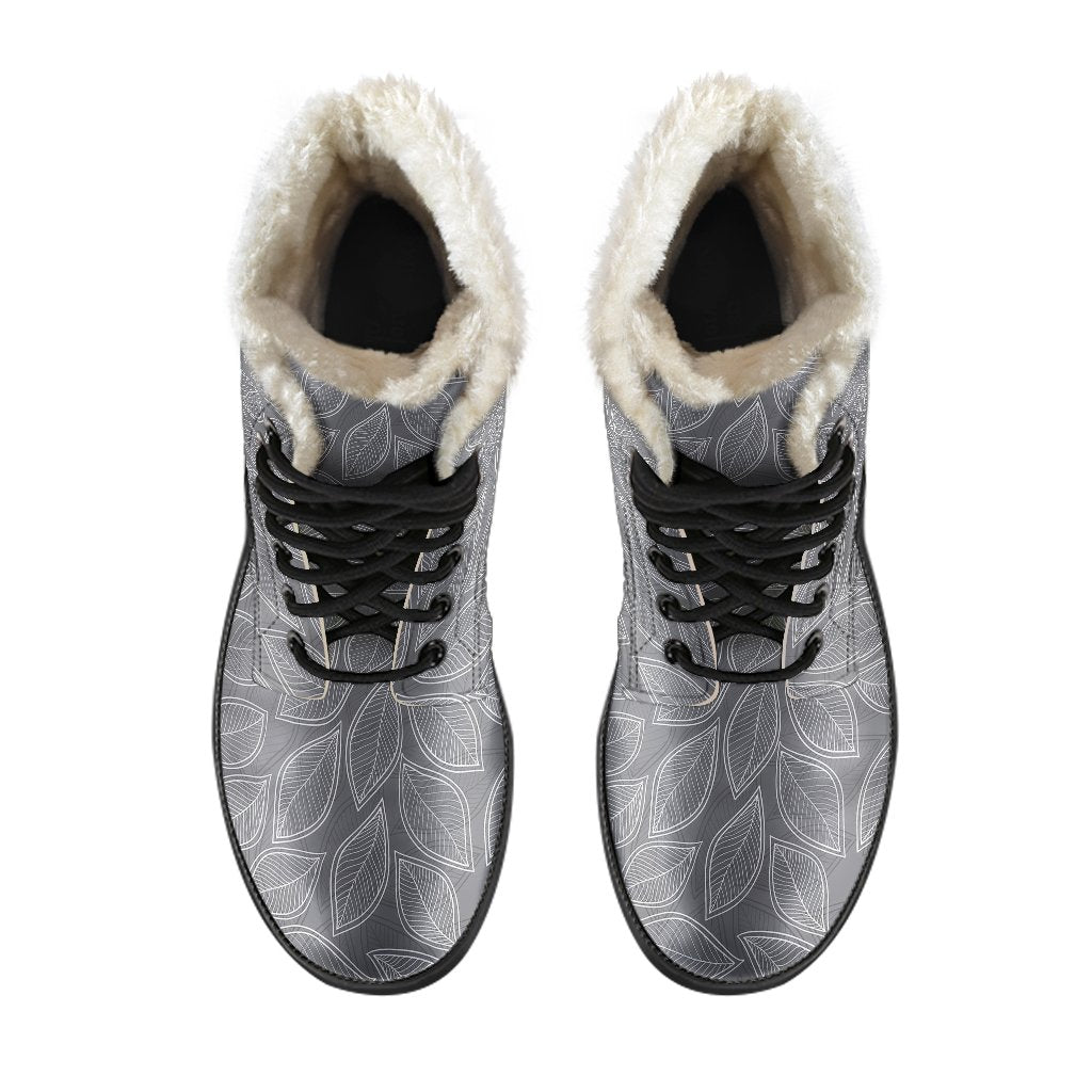 Elm Leave Grey Print Pattern Faux Fur Leather Boots-JTAMIGO.COM